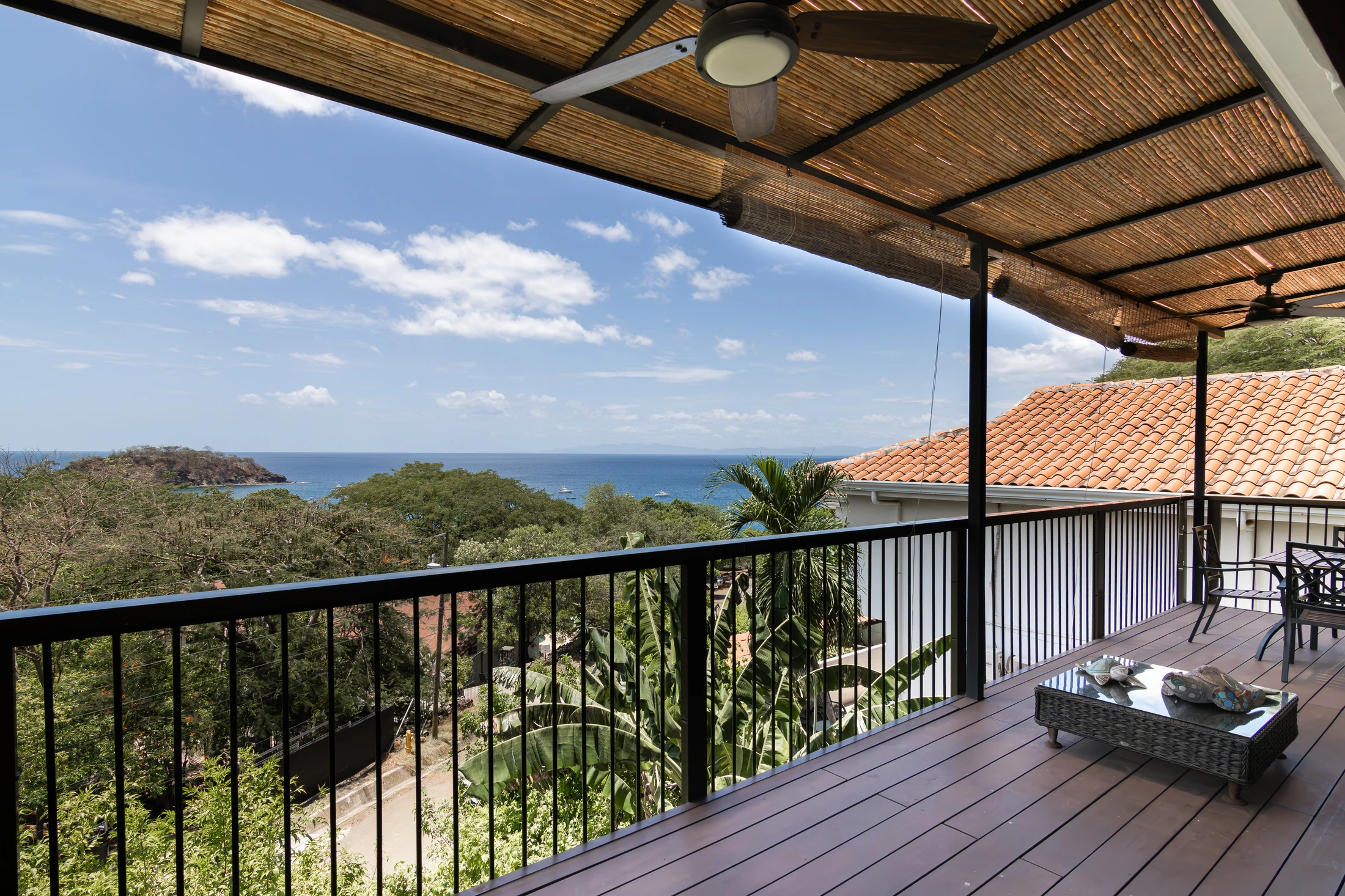 Ocean front view from the covered deck at Los Almendros 15, framed by palm trees