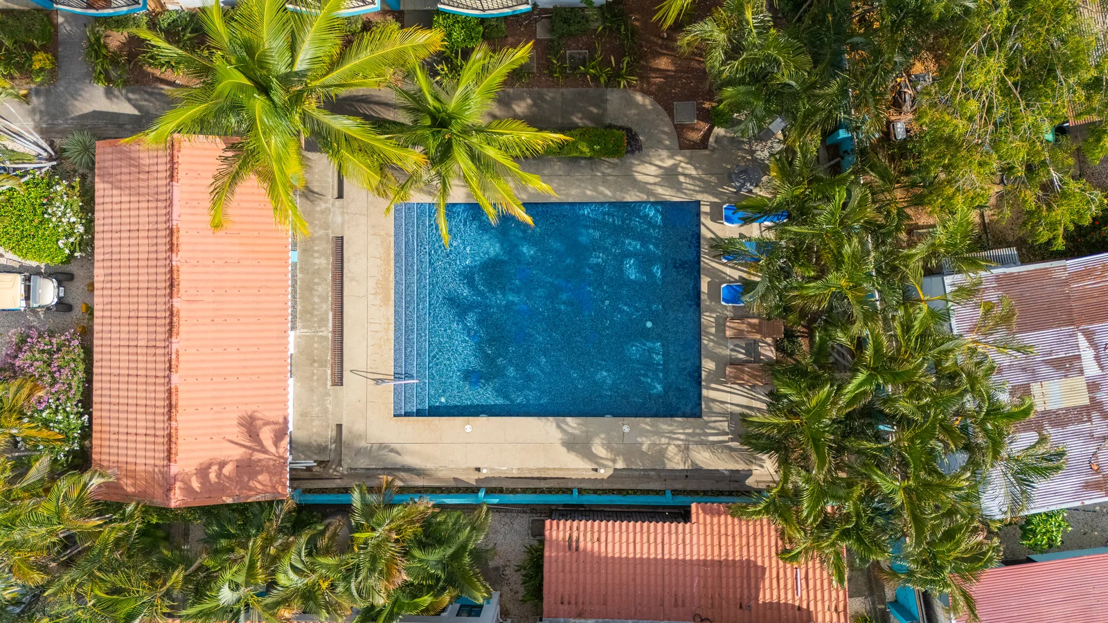 Aerial view of the community pool at Aquamarine, Las Palmas