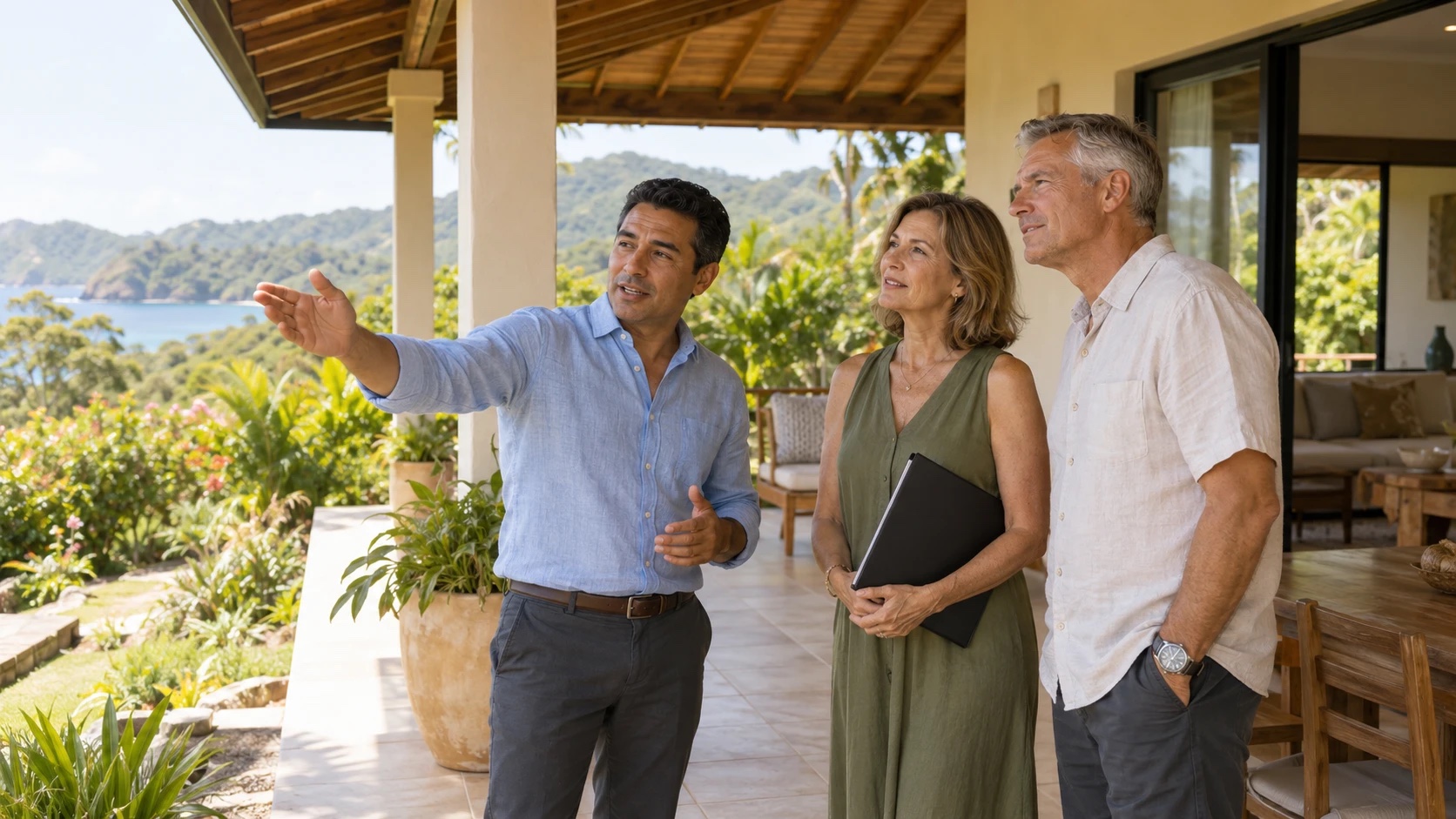 A local agent pointing out the coastal view from a covered terrace to a couple touring a home