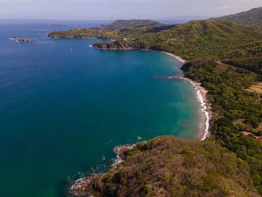 Aerial view of a secluded bay and coastline in Guanacaste, Costa Rica