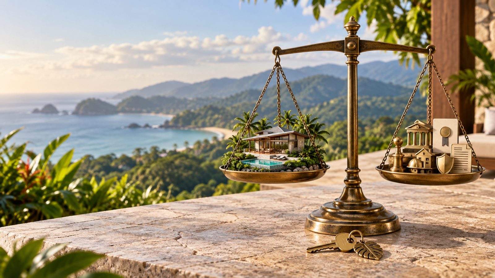 Una balanza de latón que pesa una pequeña villa en miniatura frente a documentos de la propiedad, un sello de título y un escudo, con llaves de casa sobre un borde de piedra frente a un litoral tropical