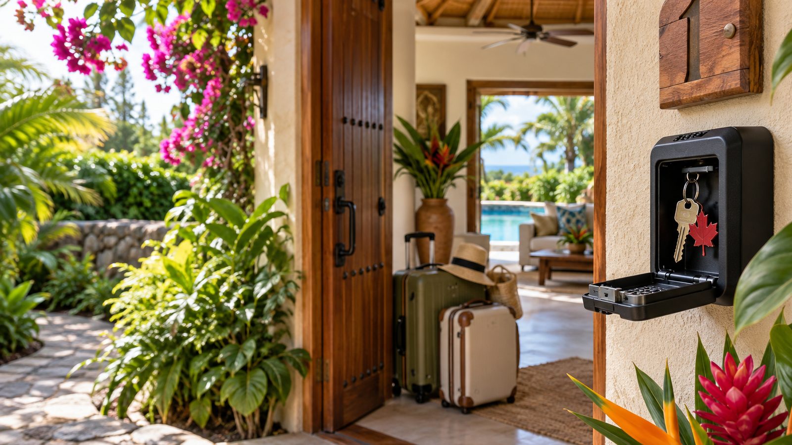 Porte d'entrée ouverte d'une maison tropicale avec une boîte à clés au mur, un porte-clés à feuille d'érable et des valises dans l'entrée