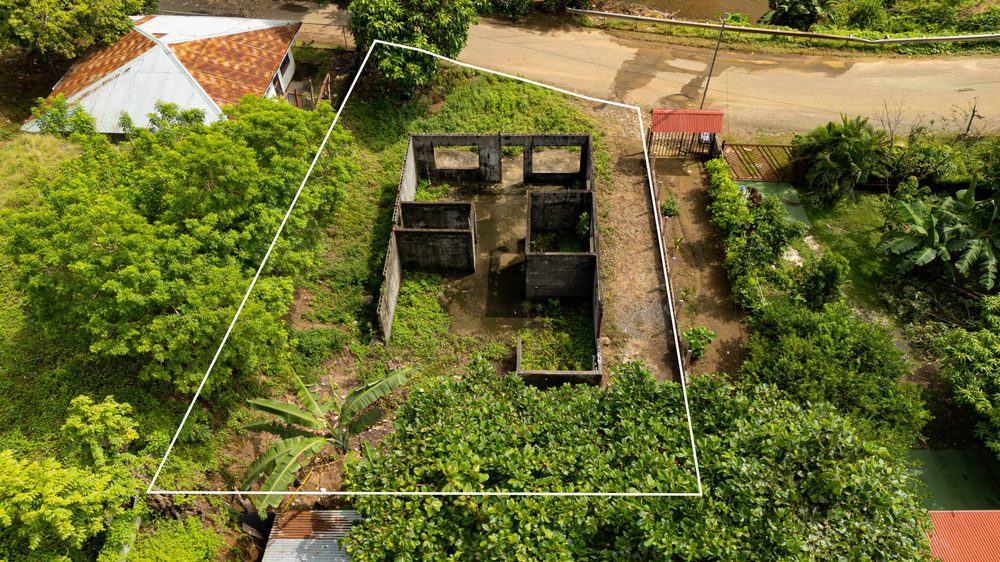 Aerial view of the lot boundary and foundation walls from directly above