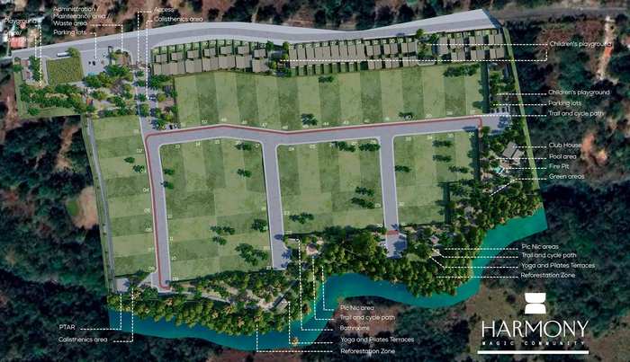 Plan du site de Harmony Homes Curubandé montrant les 51 lots, les commodités, les sentiers et la zone du club en bord de rivière