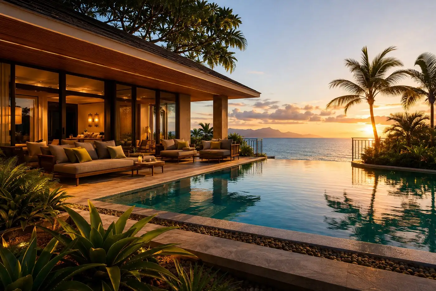 Luxury Costa Rica villa with an infinity pool overlooking the ocean at sunset